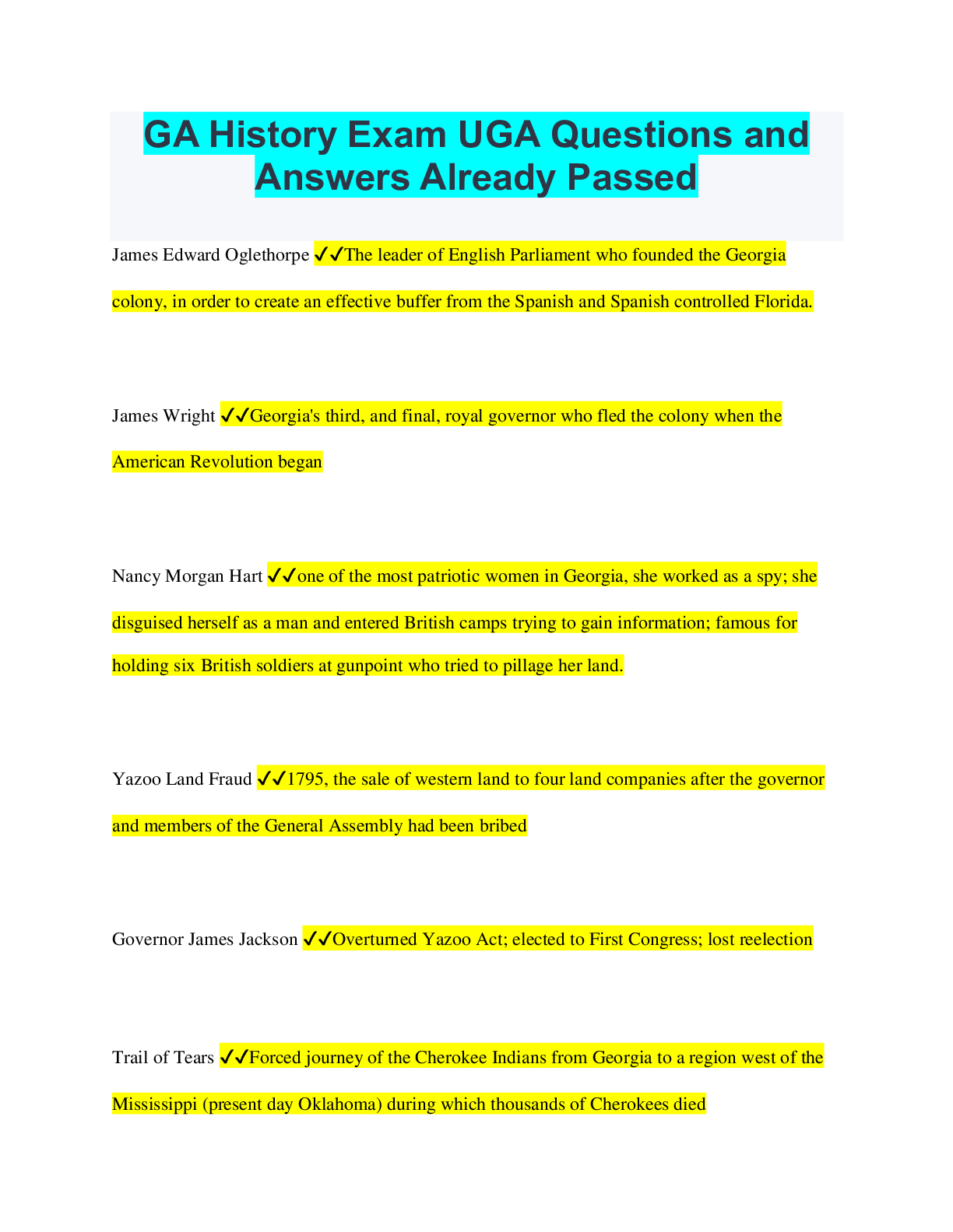 GA History Exam UGA Questions and Answers Already Passed Browsegrades